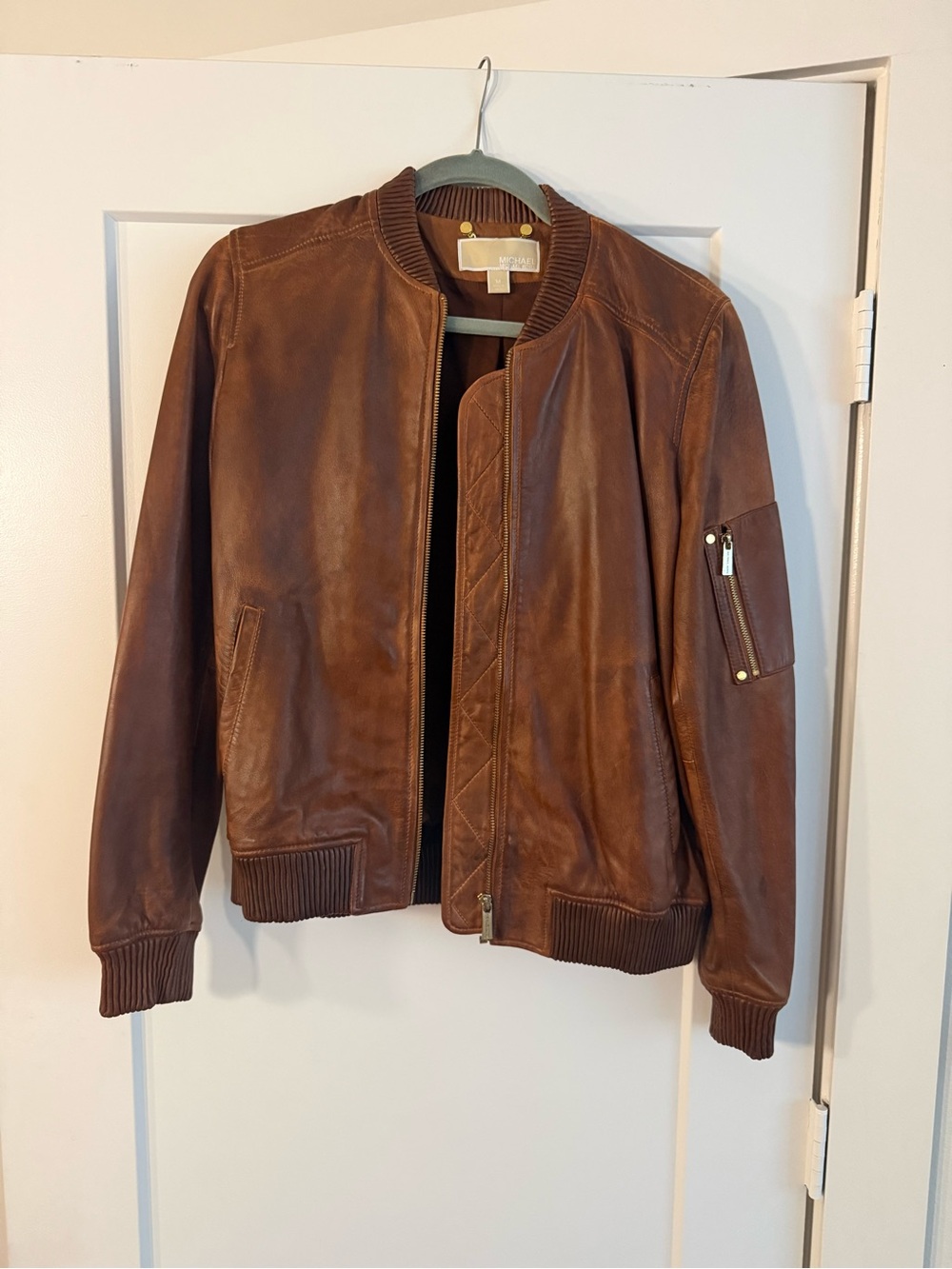 Michael Kors Brown Leather Bomber Jacket